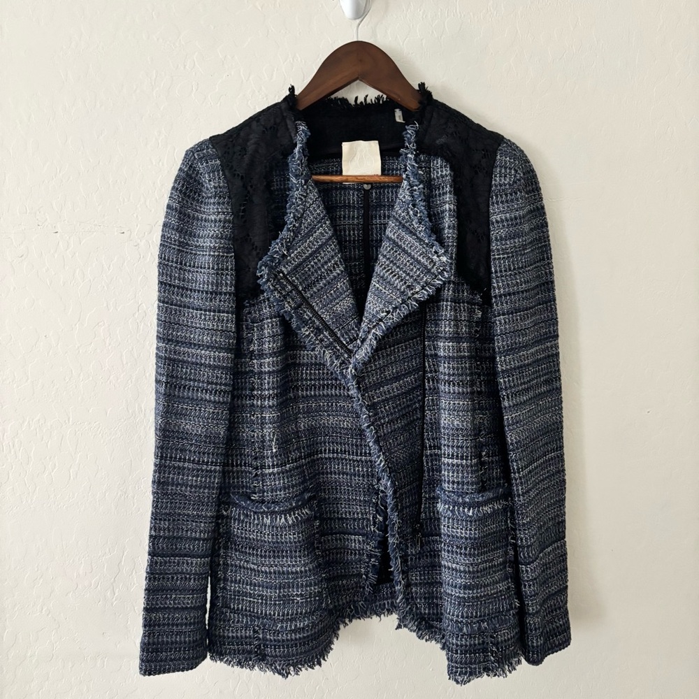 Rebecca Taylor Navy Blue Women’s Tweed Blazer with‎ Black Details Size 4 Zip Up
